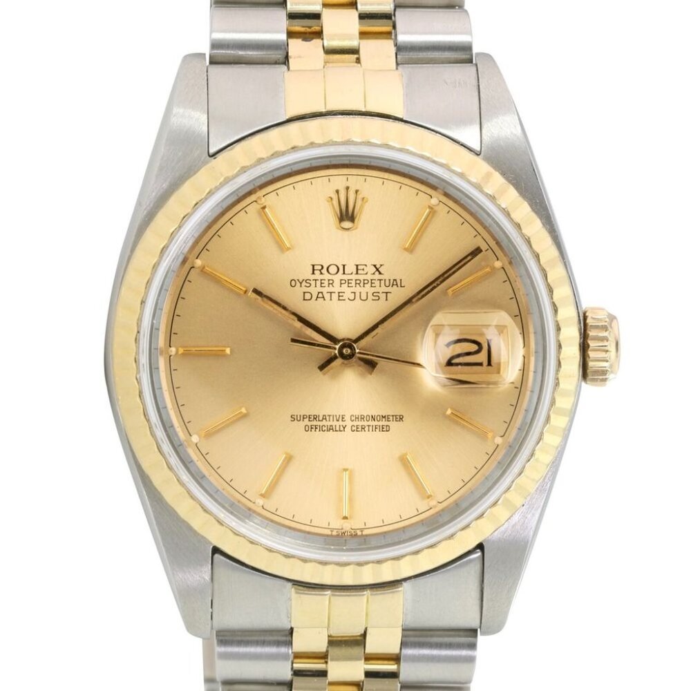 ROLEX DATEJUST CHAMPAGNE INDEX DIAL 18K GOLD FLUTED JUBILEE TWO-TONE WATCH 16233